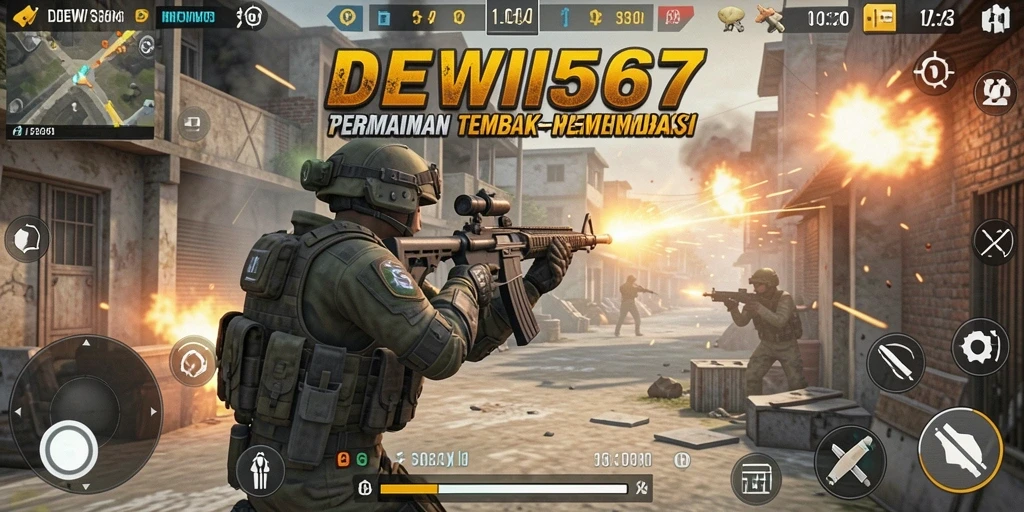 Tampilan gameplay intens di DEWI567 dengan aksi tembak-menembak.