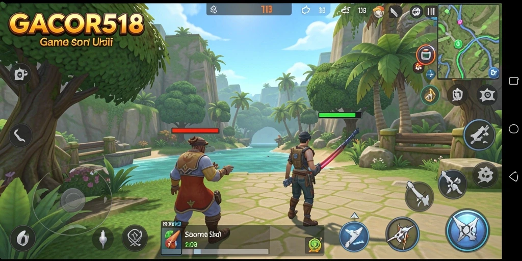 Tampilan gameplay GACOR518 yang ceria dan penuh warna.