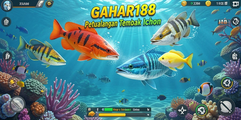 Screenshot GAHAR188 menampilkan aksi seru menembak ikan di bawah laut.