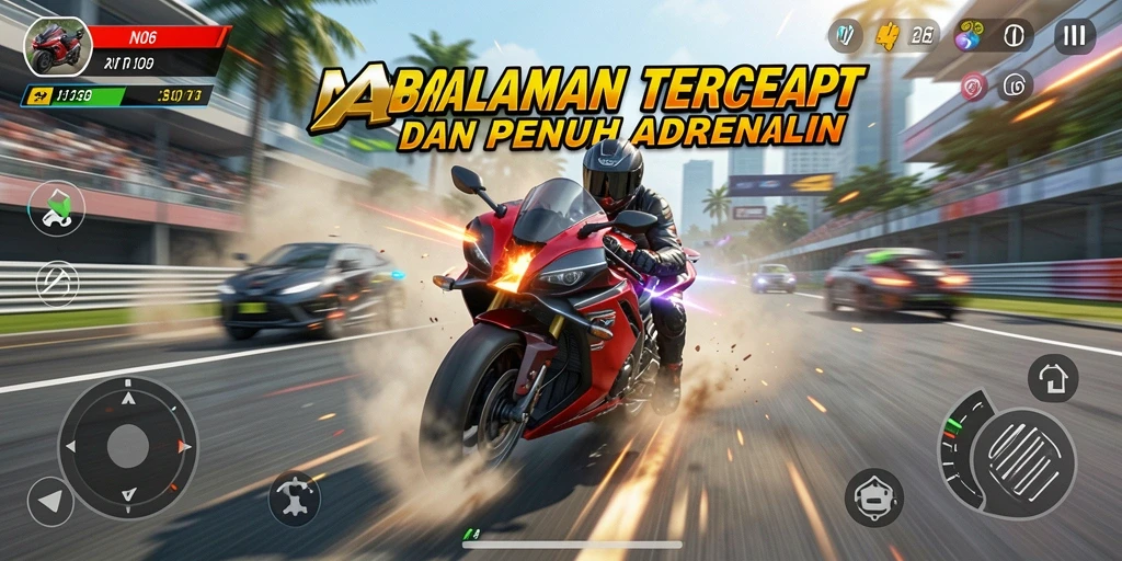 Tampilan gameplay N06 yang penuh aksi balapan motor.
