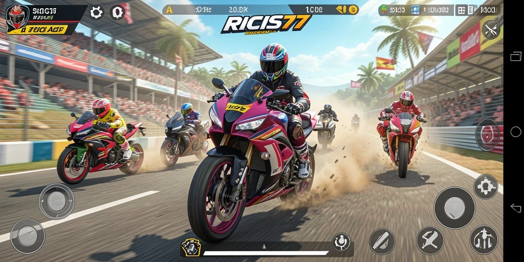 Tampilan gameplay RICIS77 yang mendebarkan dengan adrenalin balapan motor.