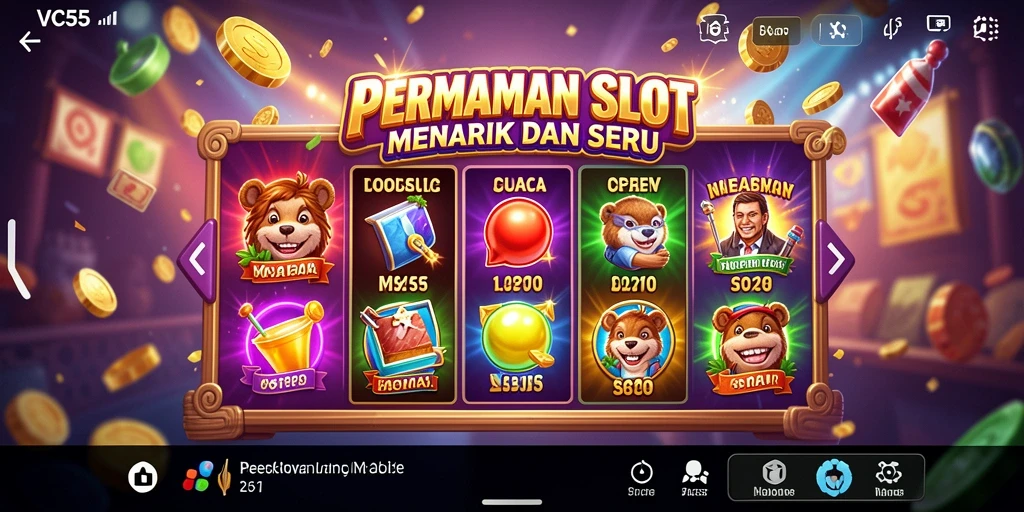 Tangkapan layar gameplay VC55 yang menunjukkan berbagai kemenangan dalam permainan Slot.